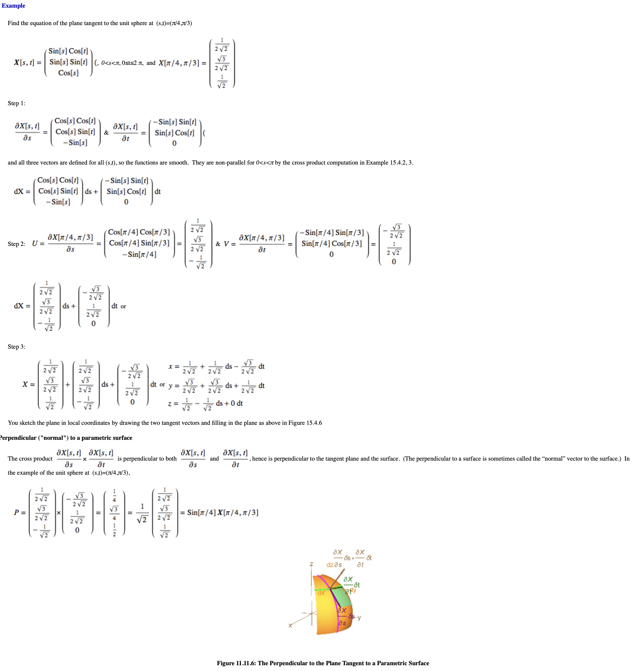 Example of Procedure 15.3.1 to calculate the equation of the plane tangent to a parametric surface.