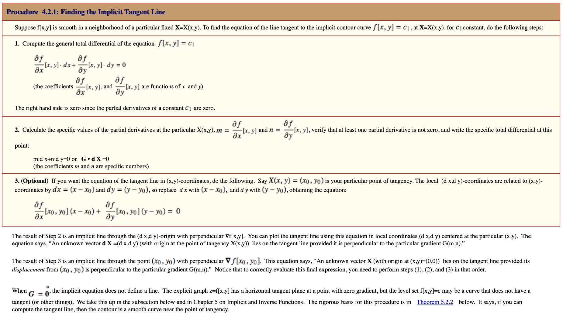 Procedure to compute the line tangent to an implicit curve.